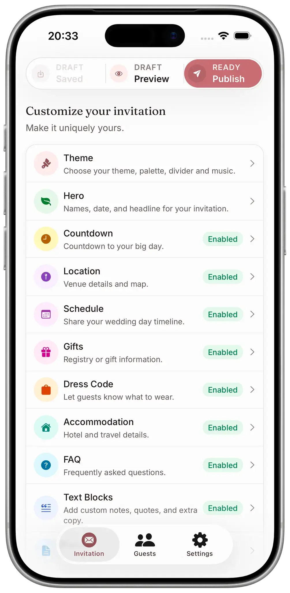 Invitation customization screen in the Our Yes Day app