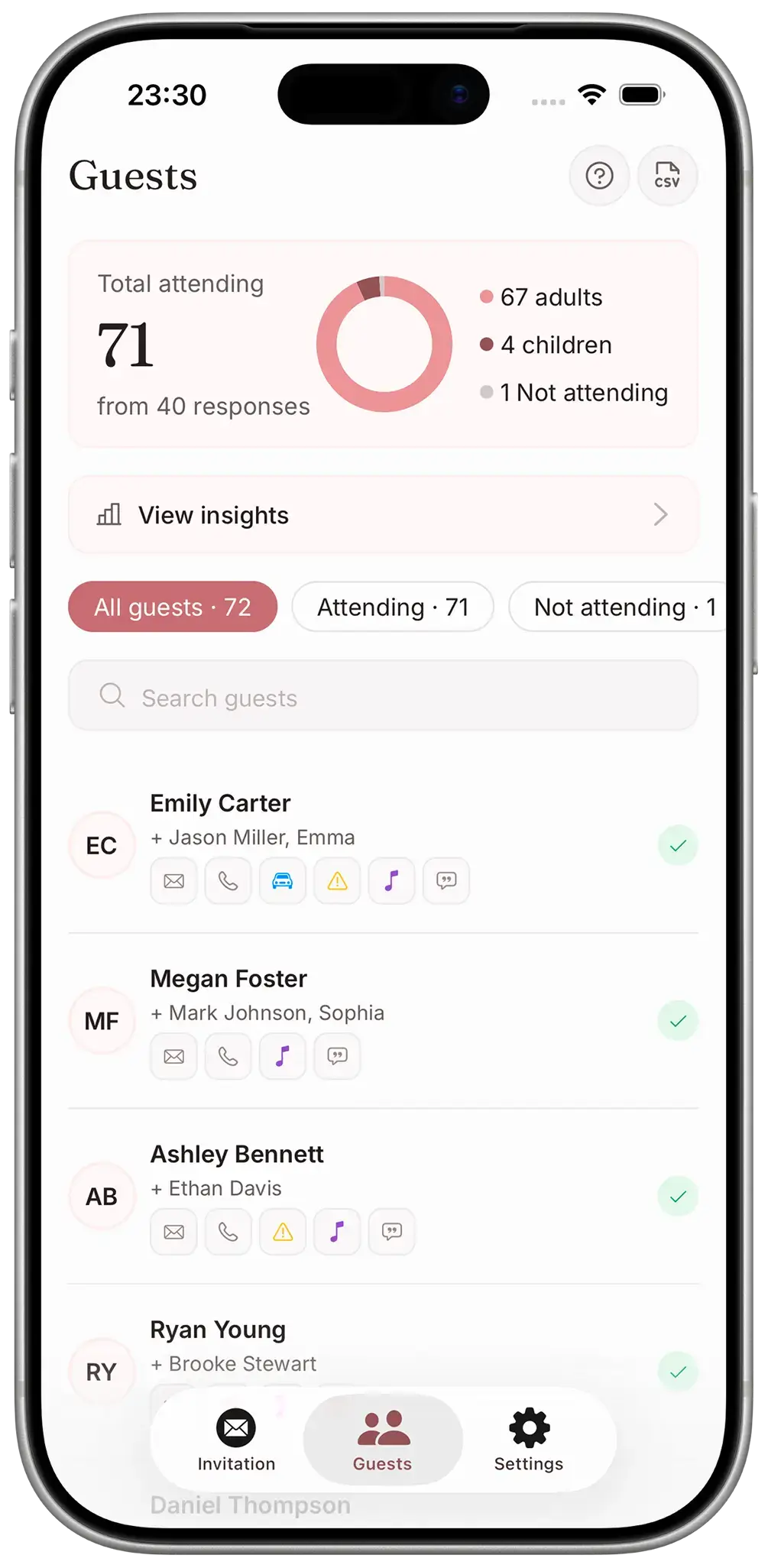 Guest list and RSVP tracking screen in the Our Yes Day app